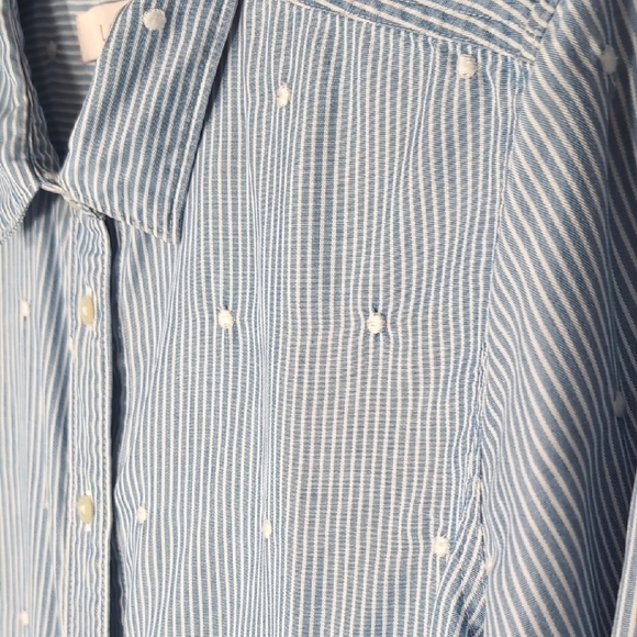 LOFT | Blue and White Striped Button Down Shirt with Polka Dot Embroidery Size M - Picture 4 of 6
